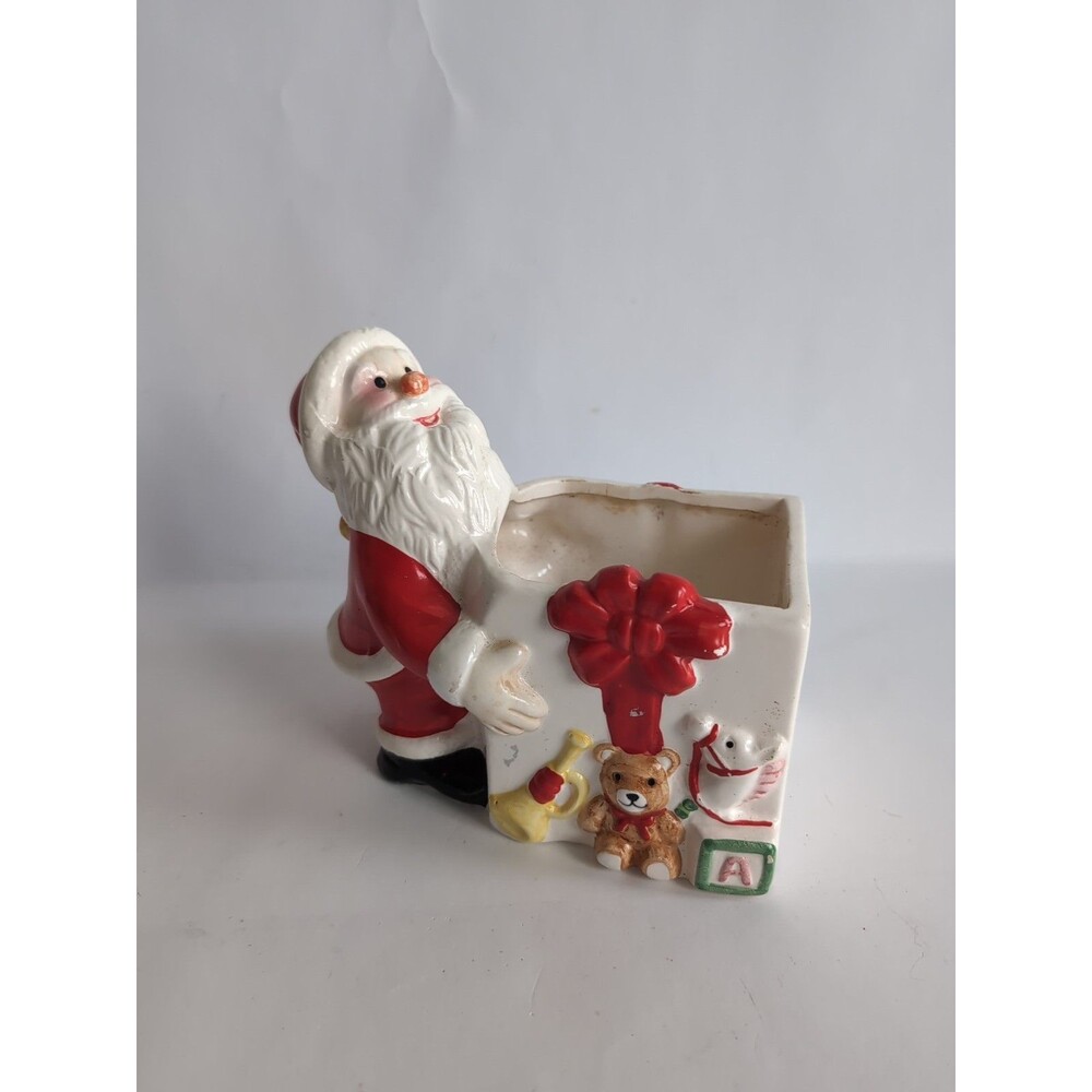 Vintage Santa & Gifts Ceramic Christmas Planter Vase Candy Container Present